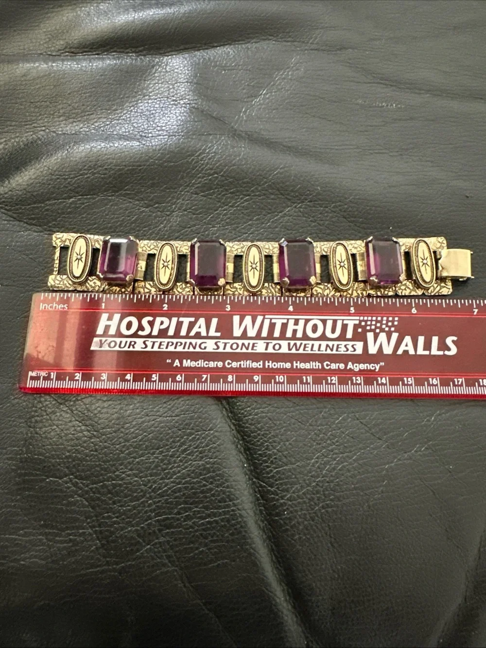 Vintage book chain panel Bracelet with Purple Glass Stones - Picture 6 of 6